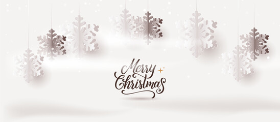Elegant Merry Christmas greeting card with hanging snowflakes on light background
