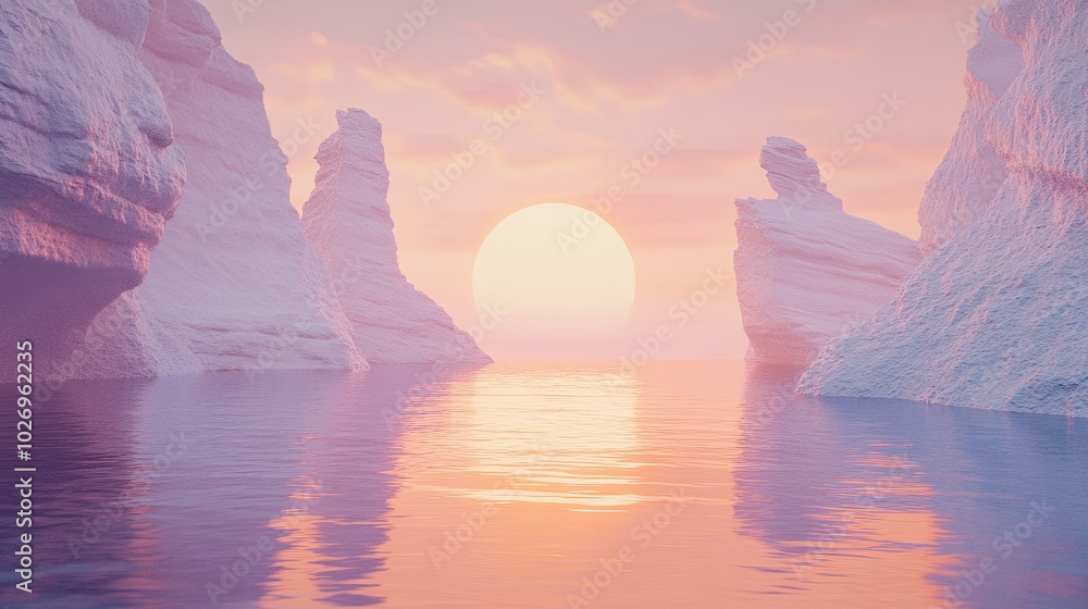 Aufkleber a minimal abstract 3d world with futuristic cliffs floating above still water, glowing softly with t