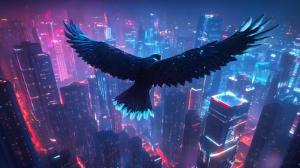 A striking visual of a powerful eagle with ethereal, light-based feathers gliding over a dynamic cityscape of the future, featuring towering buildings and bright, colorful lights that enhance 
