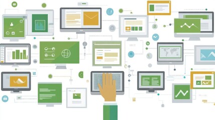 A vibrant digital workspace showcasing multiple screens with graphs, charts, and data visualizations in an engaging green theme.