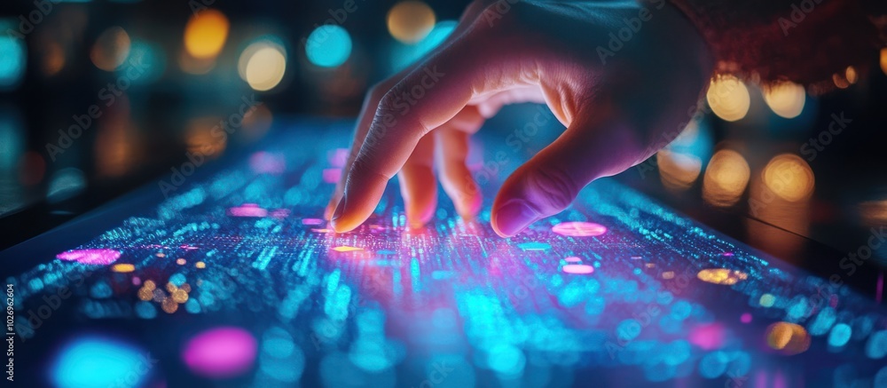 Sticker a hand reaches out to touch a digital screen with glowing data and information.