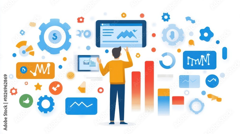 Poster an individual analyzing data with digital tools, showcasing charts and graphs in a modern, colorful 