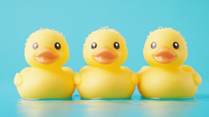 Three playful yellow rubber ducks with water droplets, standing out against a bright blue background, perfect for fun themes.