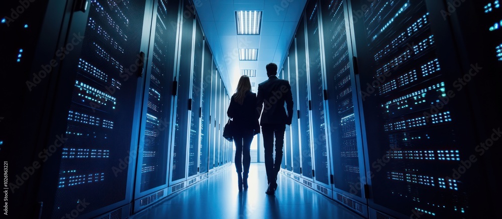 Poster silhouette of a man and a woman walking down a data center hallway with rows of servers on either si