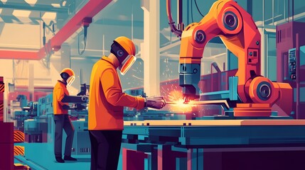 Industrial Worker Operating a Robotic Arm for Welding in a Factory