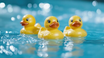 Three yellow rubber ducks with water droplets on their smooth surfaces, floating on a blue background in a playful scene.