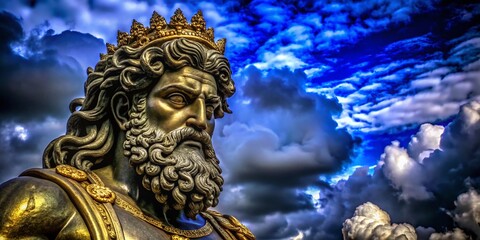 Majestic Aerial View of a Bearded God Statue Against Dramatic Cloudy Sky