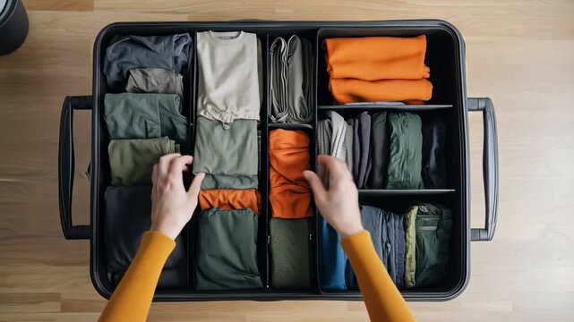 Top view of a person packing clothes into a suitcase. The suitcase is black and has dividers for organized packing. The clothes are neatly folded and arranged.