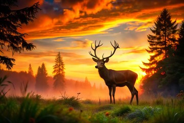 Majestic deer silhouetted against a vibrant sunset showcase nature’s serene beauty, evoking tranquility and a sense of peace in a breathtaking