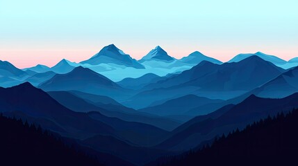 A mountain range at twilight, with deep blue tones in the sky and the silhouette of peaks in the distance.