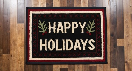 Fototapeta premium happy holidays text on mat rug in wooden floor background