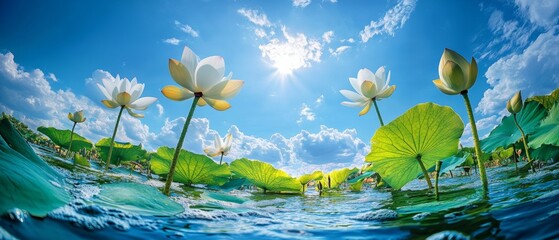 sea of lotus under bright sky