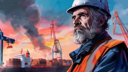 Fototapeta premium Construction Worker at Sunset with Cranes - Safety Vest and Hard Hat Standing Amid Construction Activity