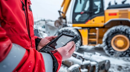 Fototapeta premium Modern Technology in Construction: Construction Worker's Hands Holding Tablet with Machinery Parts in Background