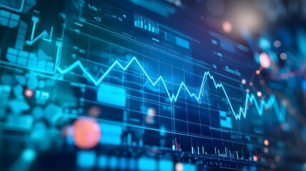 Fototapeta premium Close-up digital screen showing line graph with upward and downward trends, symbolizing cancer research progress and setbacks, medical charts and scientific symbols in background