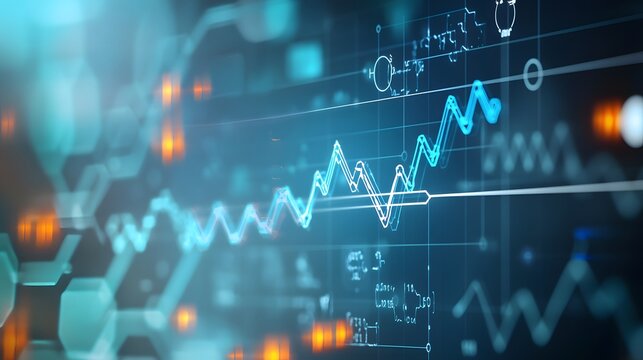 Close-up digital screen showing line graph with upward and downward trends, symbolizing cancer research progress and setbacks, medical charts and scientific symbols in background