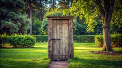 A weathered wooden door standing in the middle of a peaceful park , park, entrance, nature, wood, old, vintage, gate