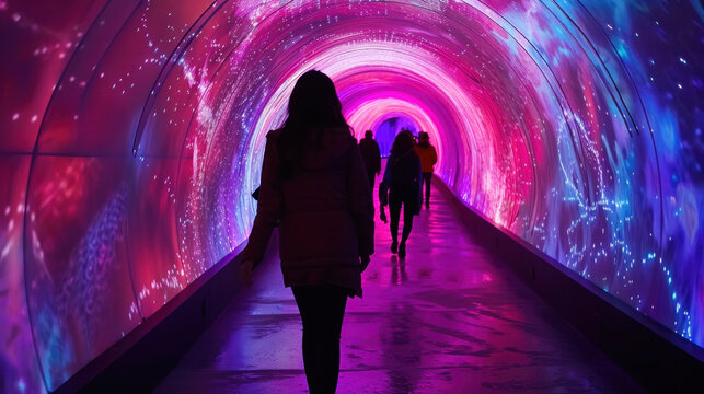 Festival-goers enjoying interactive light installations, walking through vibrant tunnels of light and engaging with digital projections.