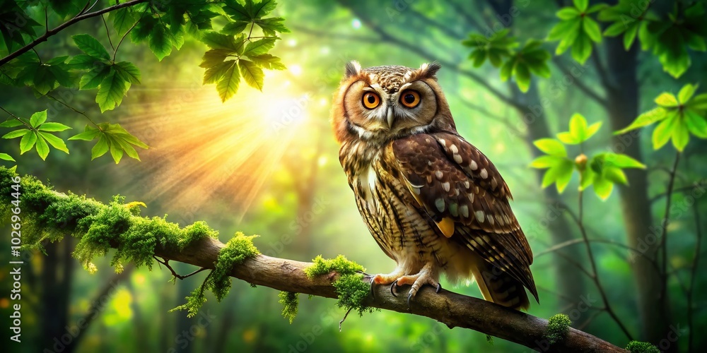 Poster majestic owl perched on a branch in a lush forest setting with high depth of field