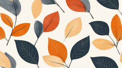 Seamless pattern of colorful leaves in autumnal hues.