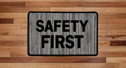 safety first text on mat rug in wooden floor background