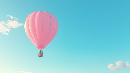 Fototapeta premium A pastel pink hot air balloon floating in a clear blue sky, with the horizon stretching out below