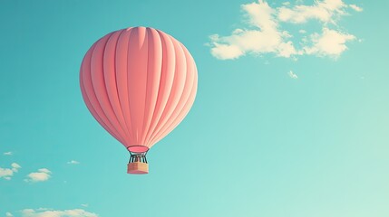 Naklejka premium A pastel pink hot air balloon floating in a clear blue sky, with the horizon stretching out below