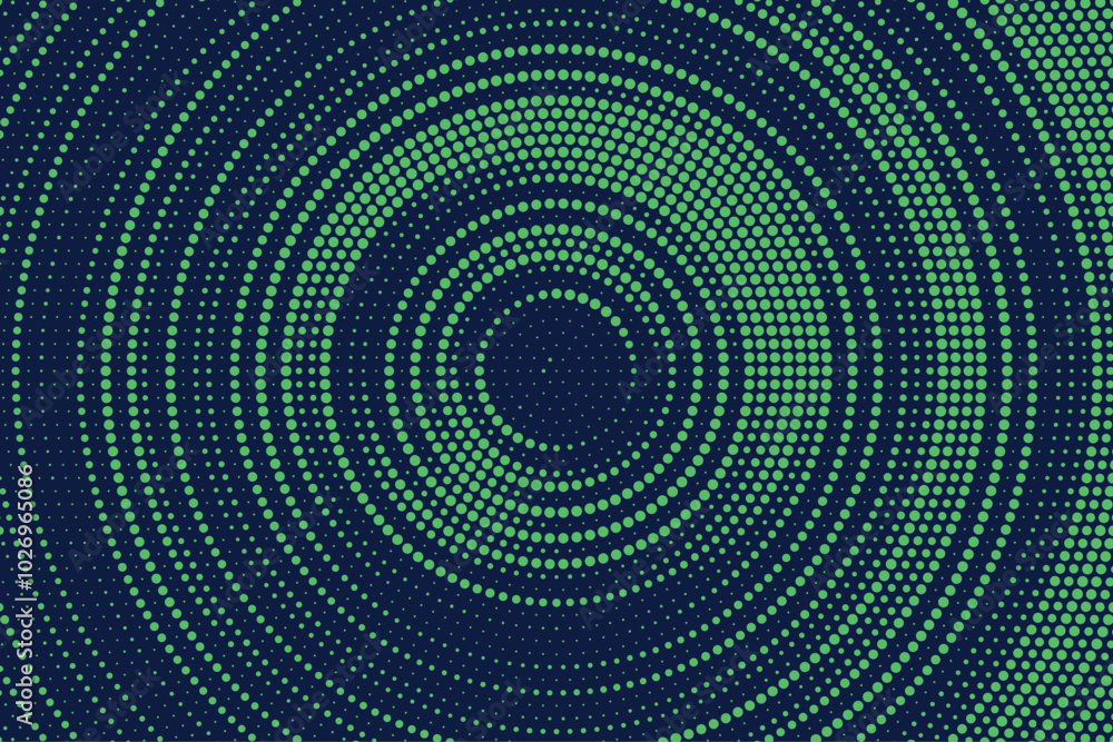 Aufkleber Radial halftone gradient background. Dotted concentric texture with fading effect. Blue and green circle shade wallpaper. Grunge rough vector. Monochrome backdrop