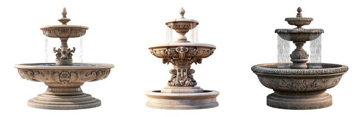 Elegant Stone Fountains in Artistic Design Isolated on Transparent Background