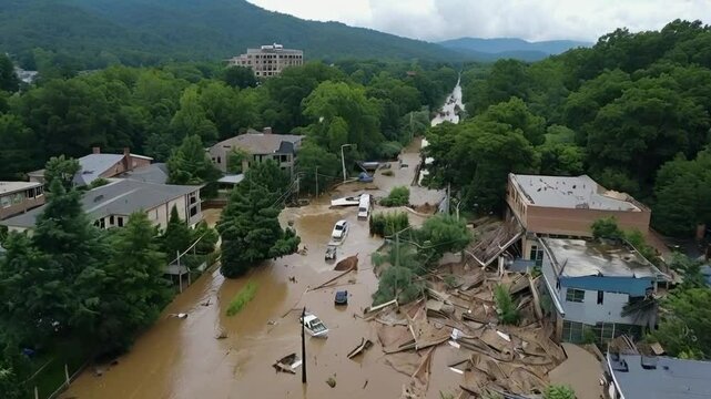 Aerial video of flooding damage and recovery one week after tropical storm Helene devastates Asheville, NC
