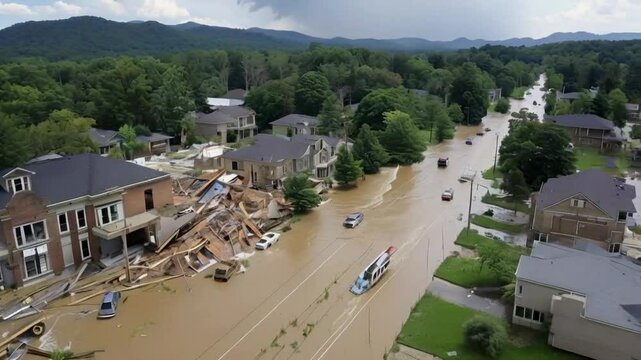 Aerial video of flooding damage and recovery one week after tropical storm Helene devastates Asheville, NC