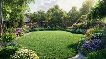Obraz premium A peaceful backyard with a green lawn, surrounded by flowering shrubs and a small vegetable garden, symbolizing suburban tranquility.