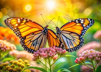 Fototapeta premium Mating Monarch Butterflies in Vibrant Natural Habitat