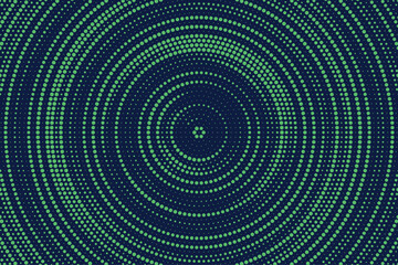 Radial halftone gradient background. Dotted concentric texture with fading effect. Blue and green circle shade wallpaper. Grunge rough vector. Monochrome backdrop