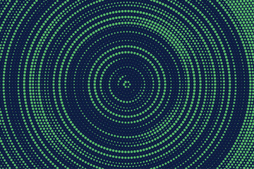 Radial halftone gradient background. Dotted concentric texture with fading effect. Blue and green circle shade wallpaper. Grunge rough vector. Monochrome backdrop
