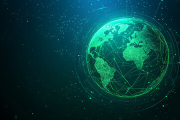 Naklejka premium Map of the planet. Global social network. Future. Vector.Green futuristic background with planet Earth. Internet and technology. Floating Green plexus geometric background.