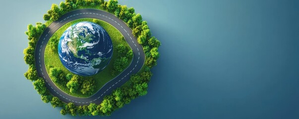 3d illustration of road around earth globe,Asphalt Road Circles earth,The road through the green forest, going through the forest to earth, Aerial top view forest,green grass field forward to globe.