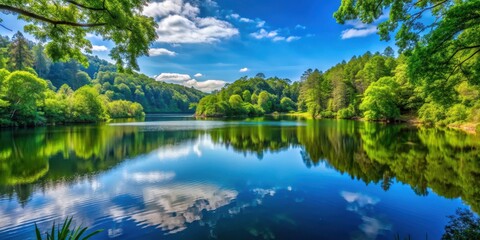 Obraz premium Tranquil lake nestled in a national park surrounded by lush greenery, serene, peaceful, tranquil, national park, nature, scenery