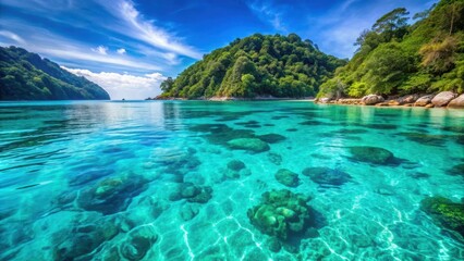 Fototapeta premium Crystal clear turquoise waters at Mu Koh Surin, perfect for snorkeling and diving, sea, Mu Koh Surin