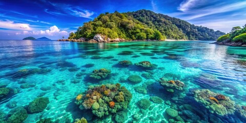 Crystal clear blue waters of the sea at Mu Koh Surin with vibrant coral reefs and marine life
