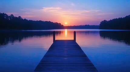 Naklejka premium A peaceful lakeside dock at dusk, with a deep blue sky reflecting on the calm water as the sun sets in the distance.