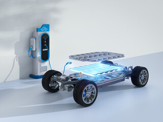 Ev car or electric vehicle plug in at recharging station