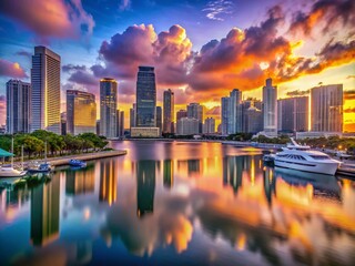 Fototapeta premium Miami Sunset: Long Exposure of City Skyline at Sea Marina with Skyscrapers and Boats