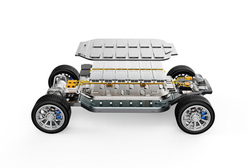 Exploded view of ev car or electric vehicle with battery pouch cells