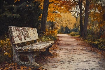 Autumn park bench surrounded by colorful fall leaves, creating a peaceful and reflective mood, perfect for nature and seasonal visuals.