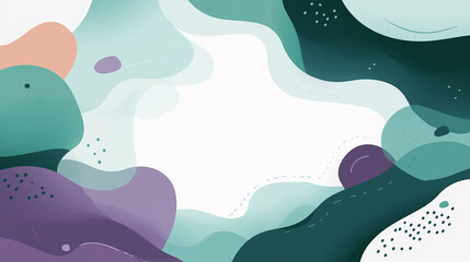 Abstract background with green, purple, and blue fluid shapes on white background.