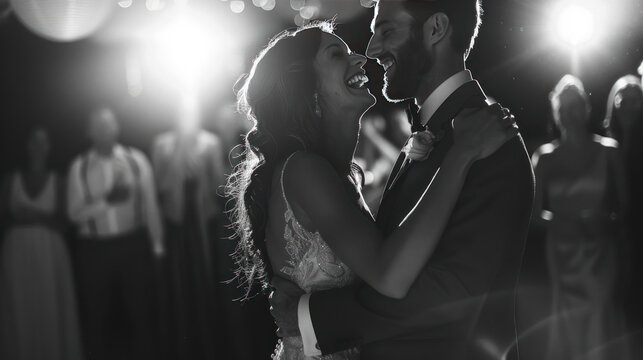 The bride and groom laughing together during their first dance at their wedding reception, surrounded by friends and family.