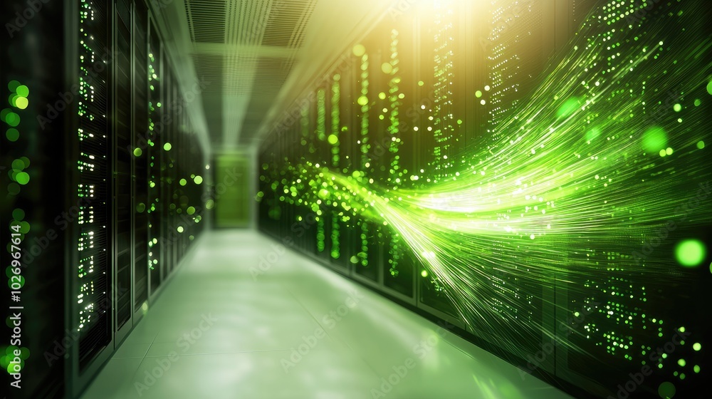 Poster data streams flowing in a large server room