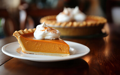 Slice of delicious pumpkin pie on a white plate topped with whipped cream
