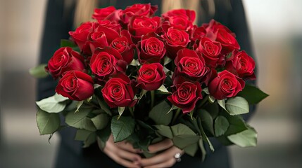 Obraz premium A person holding a bouquet of red roses on a romantic date, symbolizing love and passion
